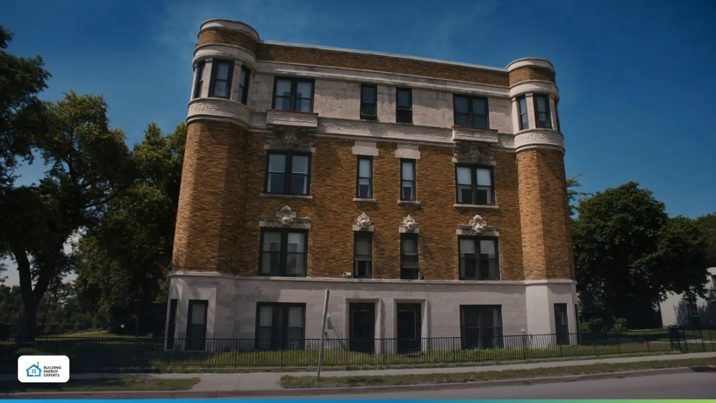 Brick multifamily building with upper-floor windows from the original Building Energy Experts article image