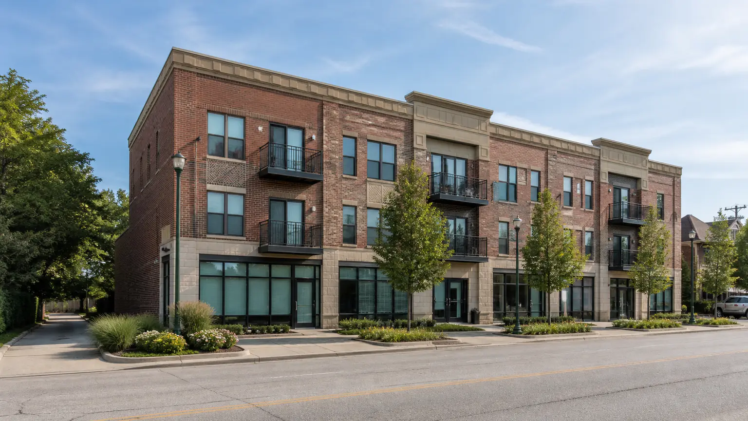 Representative brick mixed-use building with ground-floor storefronts and apartments above